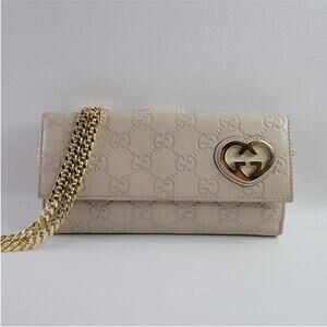 GUCCI Ssima Lovely Heart GG Logo Leather Long Wallet